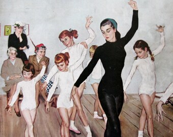 1956 "Ballet Class" by George Hughes - 1950s Saturday Evening Post Cover - Little Girls Learning Ballet