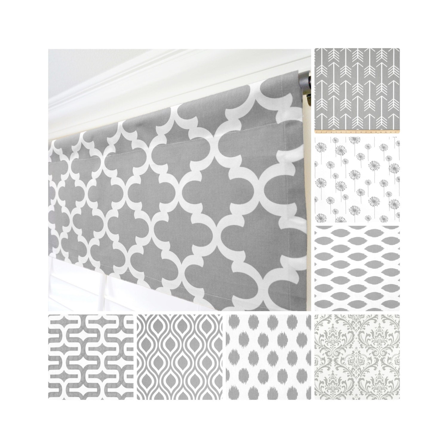 Grey Window Valance.Gray Curtain Valance.Gray White Modern