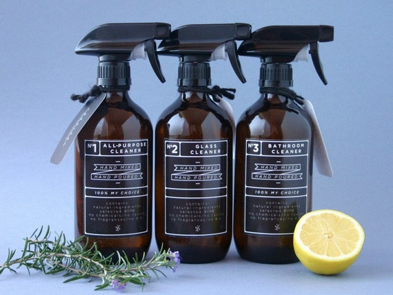 Amber glass spray bottles. DIY cleaning set with black Amber glass spray bottles. DIY cleaning set with black