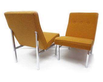 Unique Pair of Mid Century Lounge Chairs - Mid Century Modern -Chome Base - Tufted - Mustard Rust Fabric - Office Furni