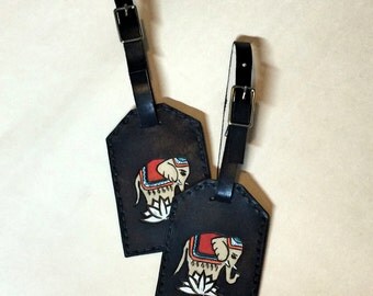 Elephant Leather Luggage Tags with Buckle - Elephant Luggage Tags - Lotus Luggage Tag