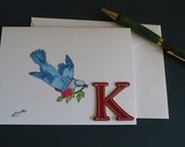 Personalized Note Card Stationery, Letter K Monogram Greeting Card, Bird Note Card, Blank Card, Original Artwork