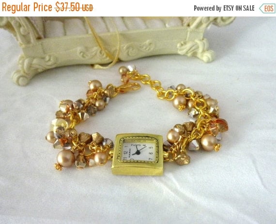 Gold Watch Bracelet, Victorian Gold Pearl Bracelet,  Gold Watch,  Victorian Jewelry,  Edwardian Jewelry,  Holiday Jewelry