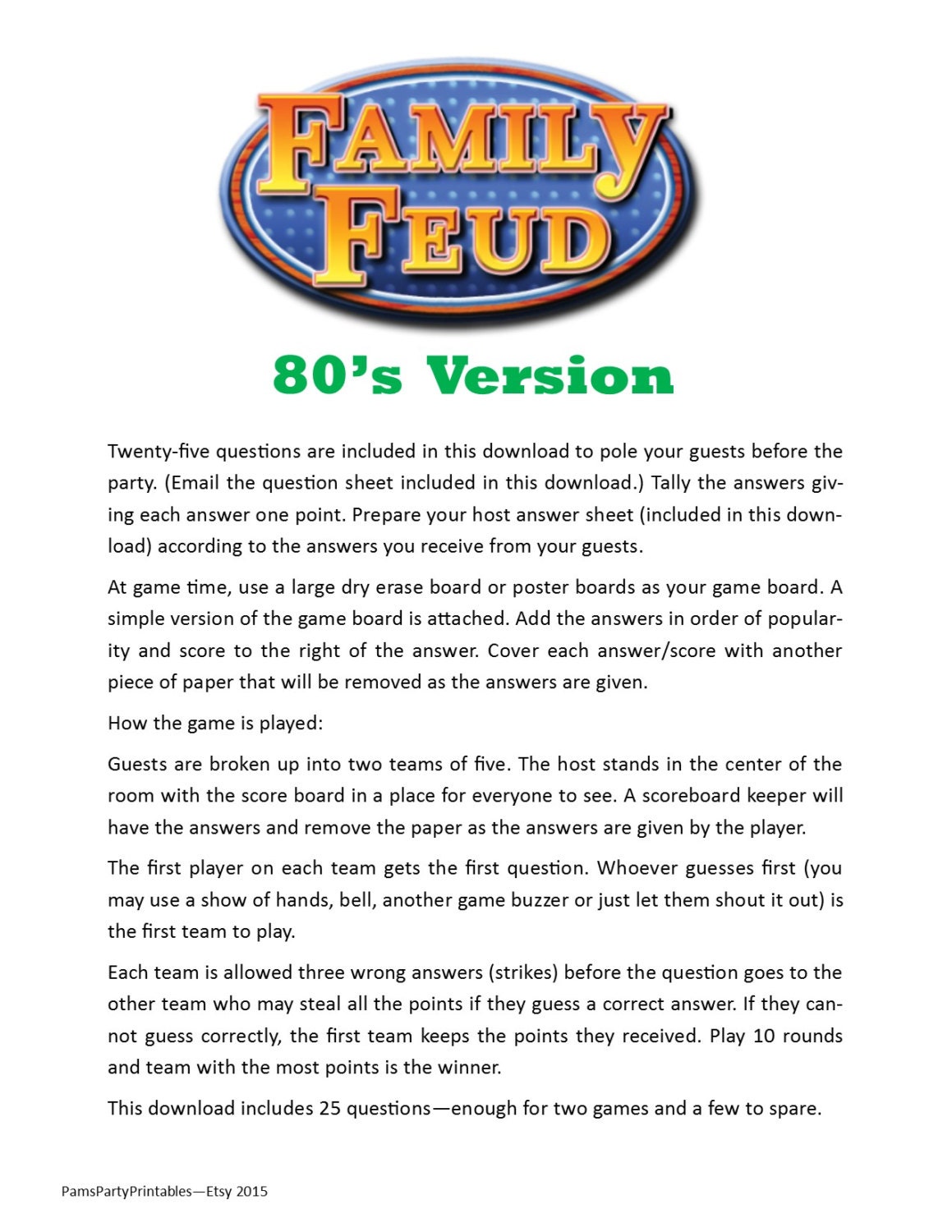80's Version Family Feud Printable Game Anniversary