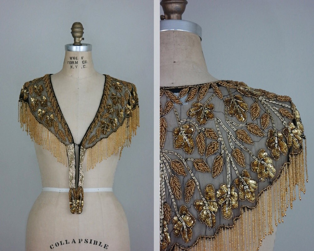 Vintage 80s fringe beaded shawl collar gold beading sequins