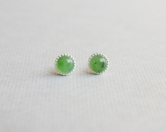 Tiny small green jade gemstone 4mm round sterling silver studs post earrings