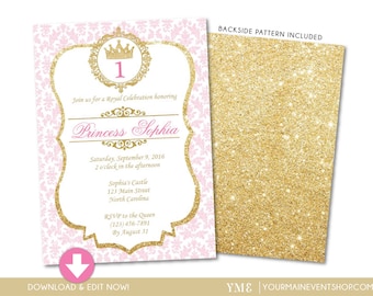 Princess Birthday Invitation • Pink and Gold Princess Invite • Princess Birthday Party Invite Instant Download DIY Printable