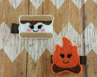 Smores hair clippie set, camping hair clips, summer hair clips, Smores and campfire hair clippies, hair clippies for girls, hair clips