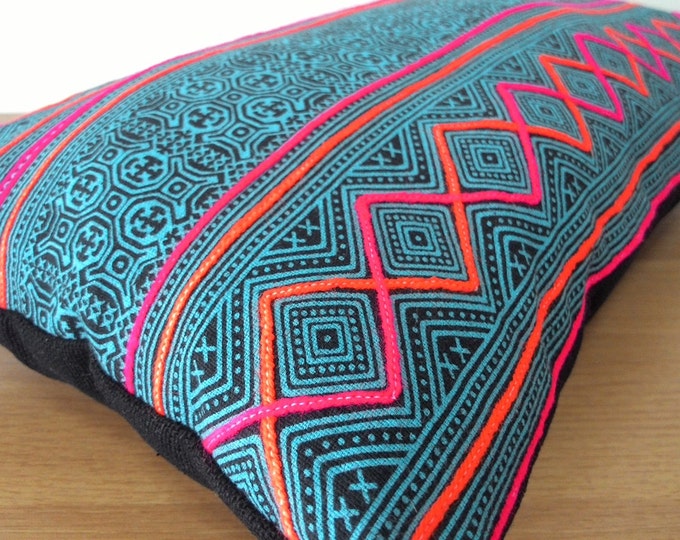 12"x20" Hmong Vintage Batik Cushion Cover, Tribal Throw Pillow Case, Blue Teal Hill Tribe Tradition Ethnic Textile Cover