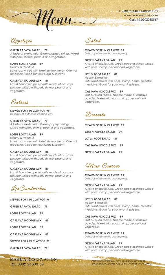 printable restaurant menu