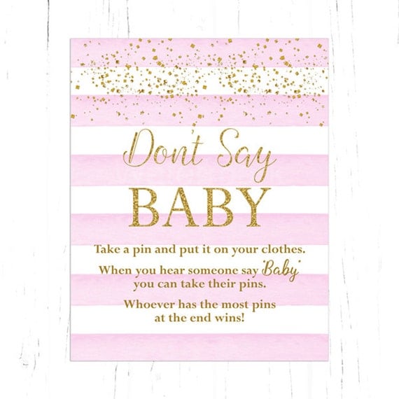 Pink and Gold Don't Say Baby Baby Shower Game, Pink Watercolor Stripes Instant Download PDF Printable Il_570xn