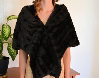 Beaver Faux Fur Stole, Dark Brown Vintage 1950s Wrap, Lined in Burnt Orange Satin with a Wrapped Hook and Eye Closure