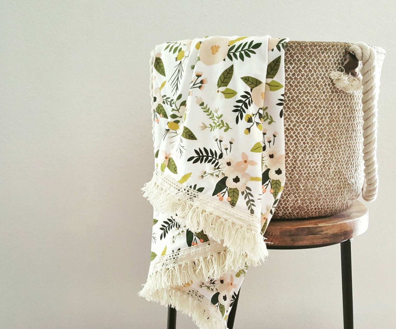 Blush Sprigs and Blooms Fringe Blanket Baby Blanket Knit