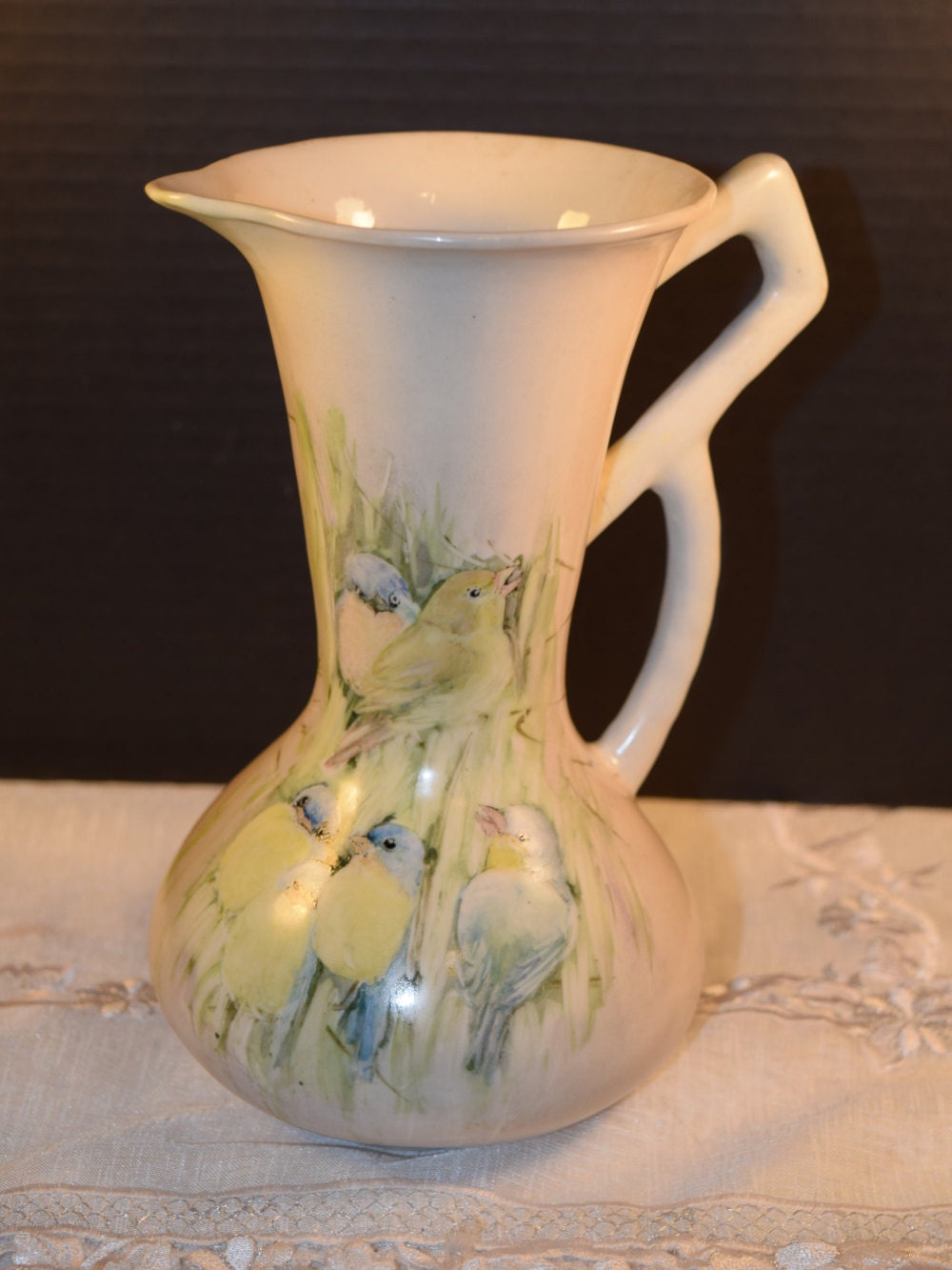 Bird Pitcher Geometric Handle Vintage Love Birds Bamboo Design