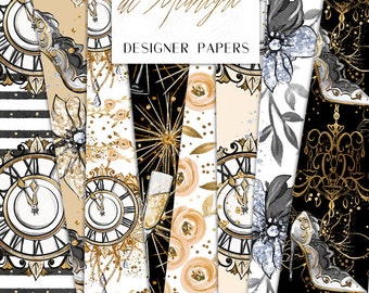 New Year's Eve Digital Paper Clock Champagne Flowers Sliver Gold Glitter Pattern | planner stickers, graphics resources, Fabric, Backdrop
