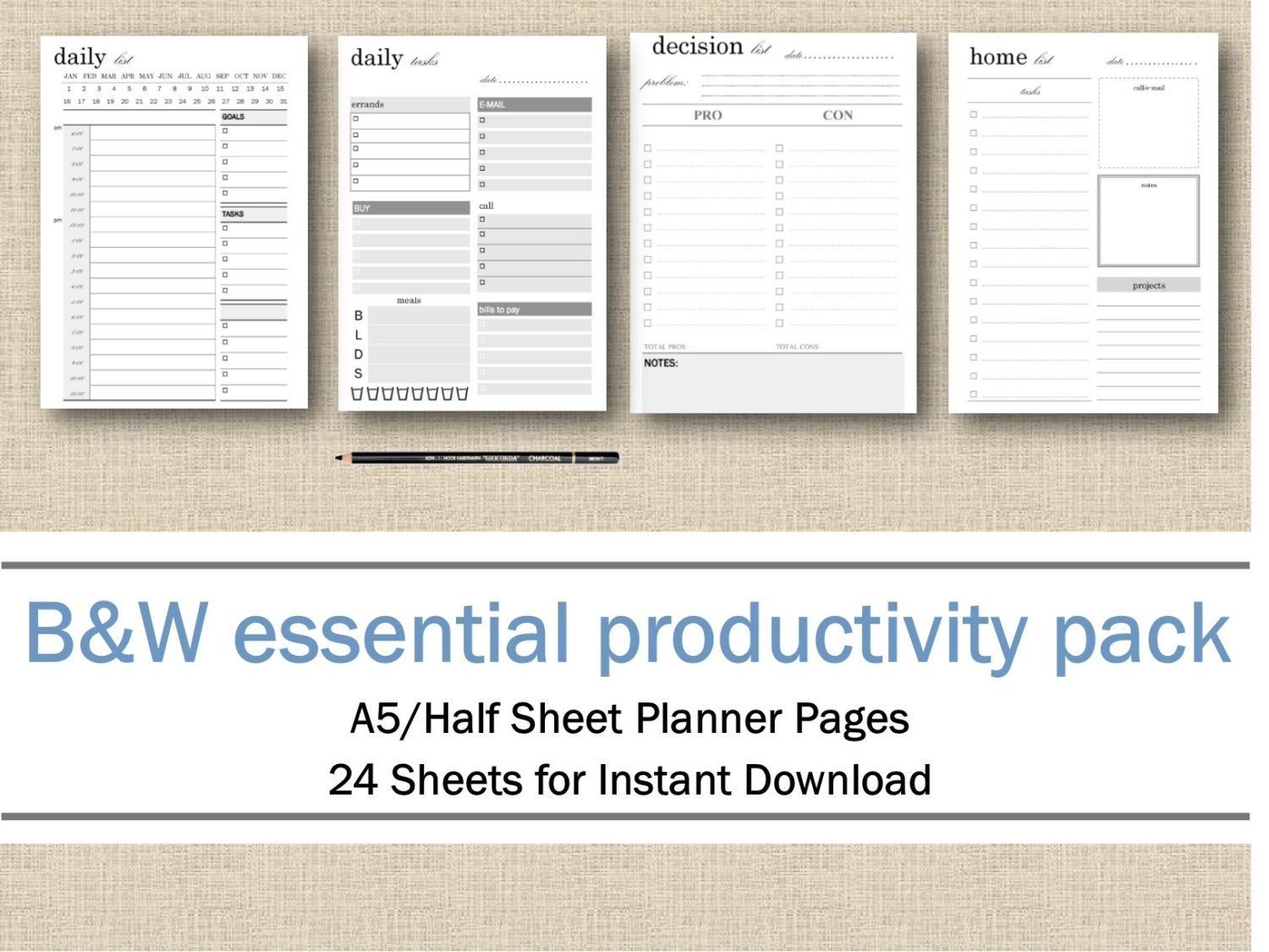 Productivity Planner Pages Half Page/A5 Printable Pack