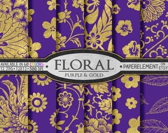 Royal Purple Digital Paper: Purple and Gold Digital Paper, Gold Scrapbook Paper for Gold and Purple Wedding, Purple Birthday Paper