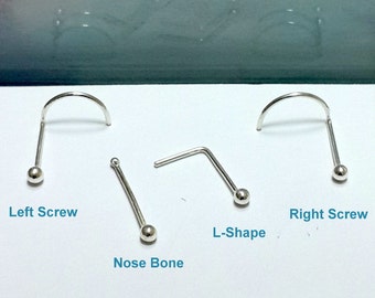 Tiny Nose Stud - Nose screw- Nose Bone- L-Shape -925 Sterling Silver 2-3mm Ball -18-24 Gauge Nose Stud-Right and Left Nostril - Handcrafted