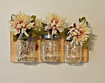 Mason Jar Wall Decor, Organizer, Wall Mounted, Kitchen, Bathroom Mason Jar organizer Country Chic Mason Jar Decor Shabby Chic Farmhouse