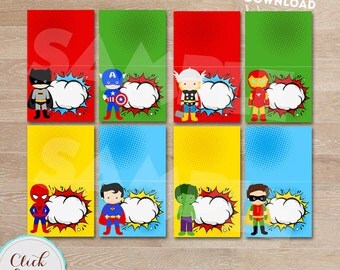 Superhero Food labels, Super hero tent food printable, Superheroes Birthday party decorations, Party supplies, INSTANT DOWNLOAD