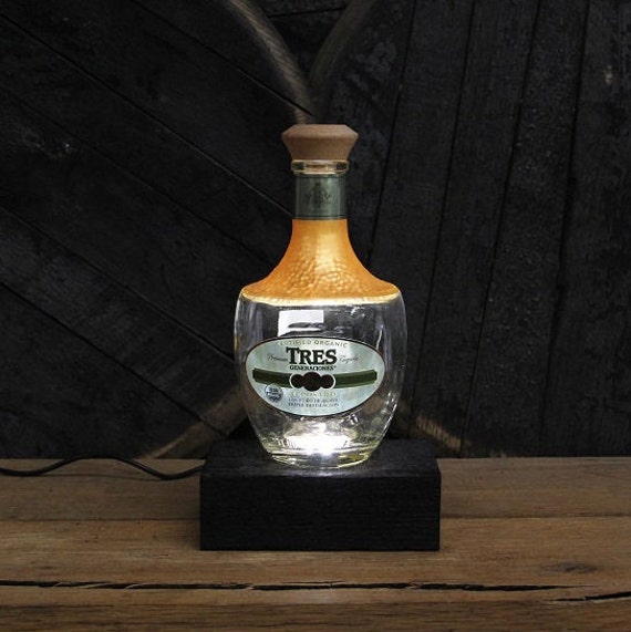 Tres Tequila Bottle Lamp & Glorifier Reclaimed Wood Base LED