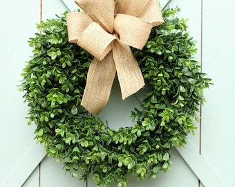 Boxwood Wreath ~ Burlap Wreath ~ Summer Wreath ~ Year Round Wreath ~ Front Door Wreath ~ Fixer Upper Decor ~ Housewarming Gift