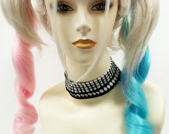 Blonde Pink and Blue Jester Long Pigtail Wig. Harley Quinn Style Costume Cosplay Festival Wig.