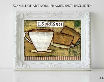 Sale! 5x7 Original painting, coffee painting, mixed media painting, mixed media art, whimsical coffee, coffee art, Espresso