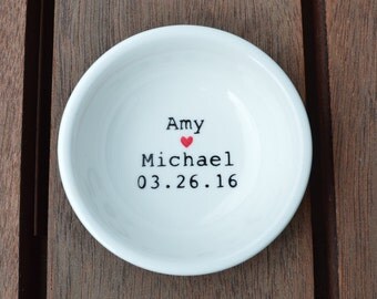 Handpainted personalised ring dish, names and date, a beautiful wedding gift.