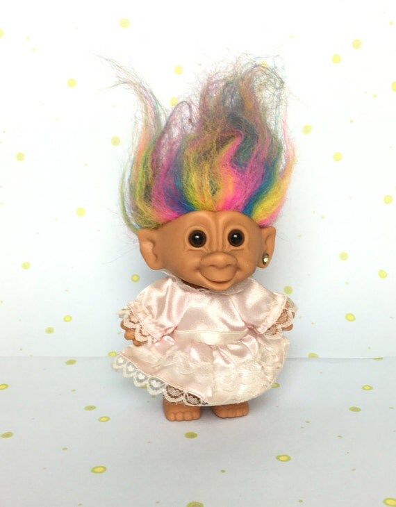 Bright of America Troll Doll in Pink Silk Dress Rainbow hair