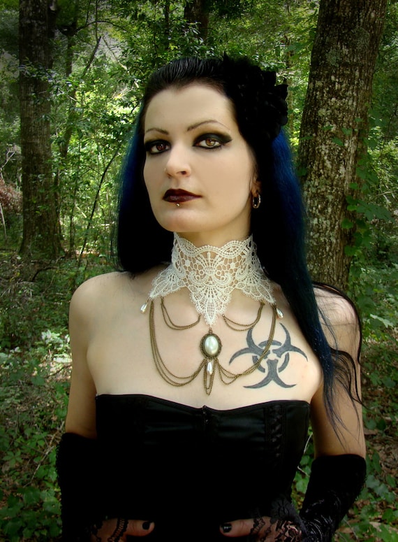 Annabel Lee's Betrothal Choker White Lace Necklace White Choker / Elegant Necklace w Faux Pearl Pendant by PreciousRemains steampunk buy now online