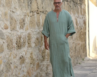 Men's relaxed texture pure linen caftan. Color Icy Blue.