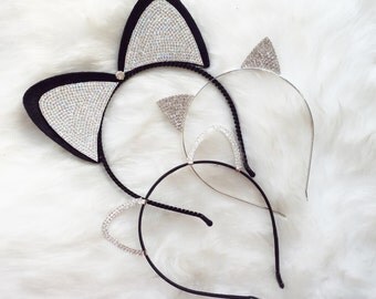 Silver Crystal Cat Ear, Crystal ears, Crystal headband, Rhinestones ear, Metal ear, Kitten ears, Bachelorette ear, Cat tiara, Ears Headband