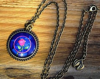 Beauty and Beast Enchanted Rose Necklace, Stained Glass Rose Picture Cabochon, Belle Necklace, Pink Rose Necklace, Fairy Tale Jewelry