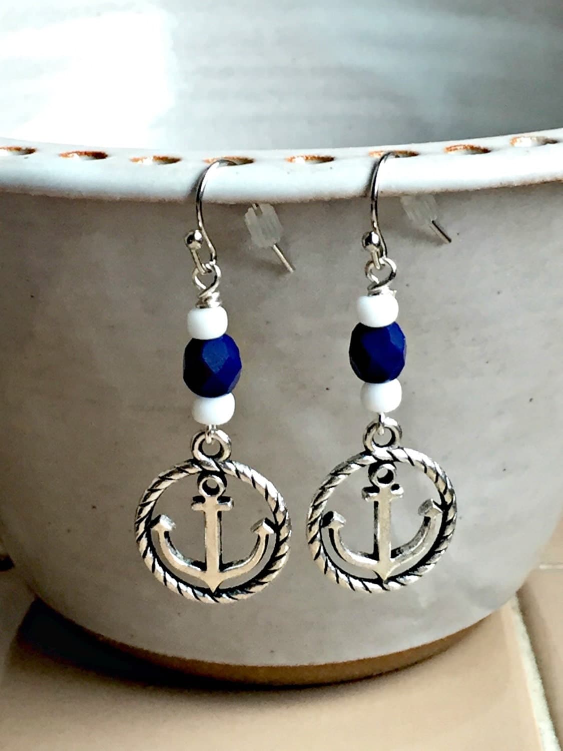 Anchor Dangle Earrings Navy and White by WishingFlowerJewelry