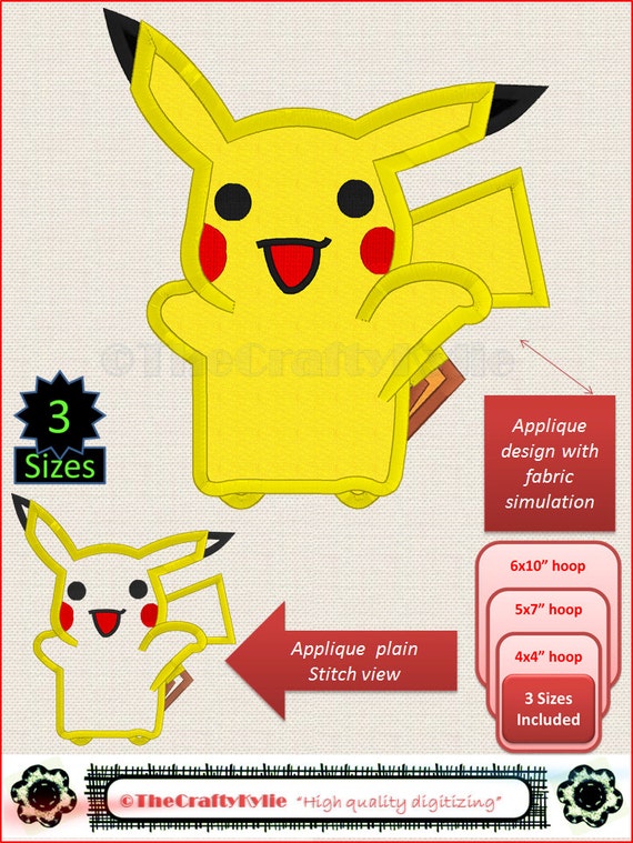 Pokemon Pikachu Machine Embroidery Applique Designs 4x4 5x7