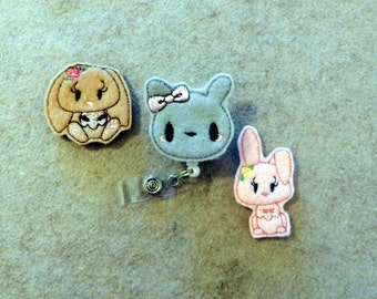 Felt Bunny Rabbit Badge Reel, Medical Badge Reel, ID Badge Holder, Retractable Belt or Alligator clip, Felt, Feltie, animal