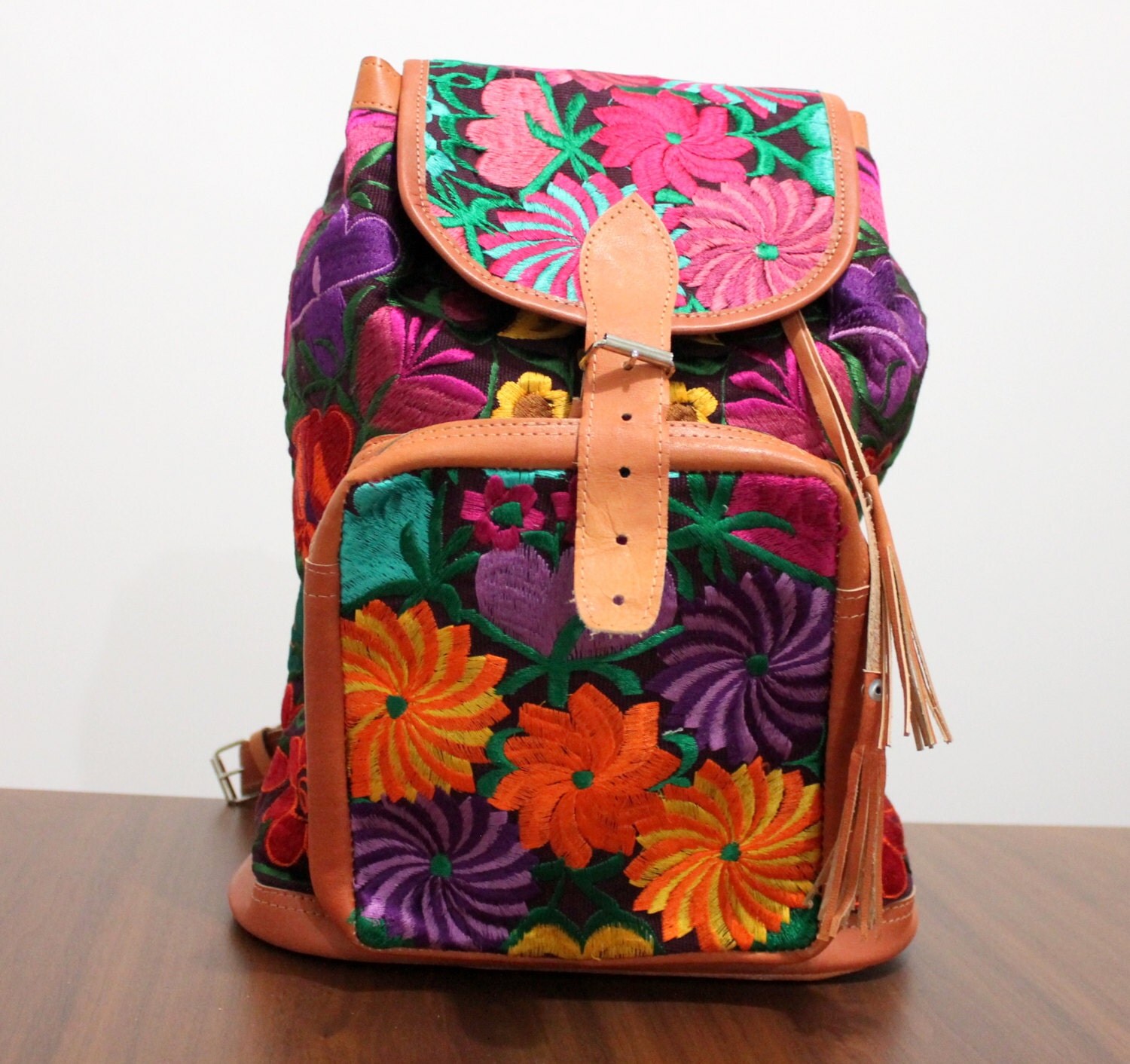mexican embroidered leather backpack made in Chiapas