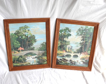 Vintage paint-by-number pictures, framed - large, pair, set, two, lovely garden, bridge, water, soothing turquoise, blue, green and peach