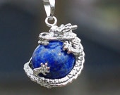 Lapis Lazuli Healing Stone Dragon Pendant Necklace on a Sterling Silver Chain