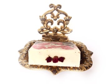 Cast Iron Business Card Holder - Gold/ Red - Ornate Soap Dish - Home Office Desk Decor - Bathroom Sink - Desk Accessories - Catch All Dish
