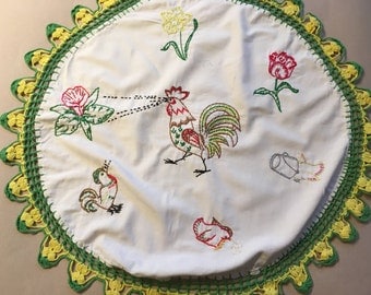 Vintage Hand Embroidered Rooster Runner/Doily