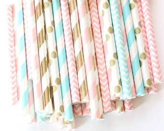 Gender reveal straws-set of 25, gender reveal party, pink, blue and gold straws, baby showers, weddings, cotton candy straws