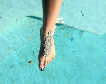 Bridal Foot Jewelry, Rhinestone Barefoot Sandals, Silver Foot Jewelry, Beach Wedding Barefoot Sandals