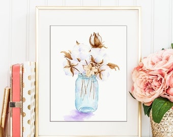 Watercolor painting of cotton bolls in mason jar printable, instant download, wall art