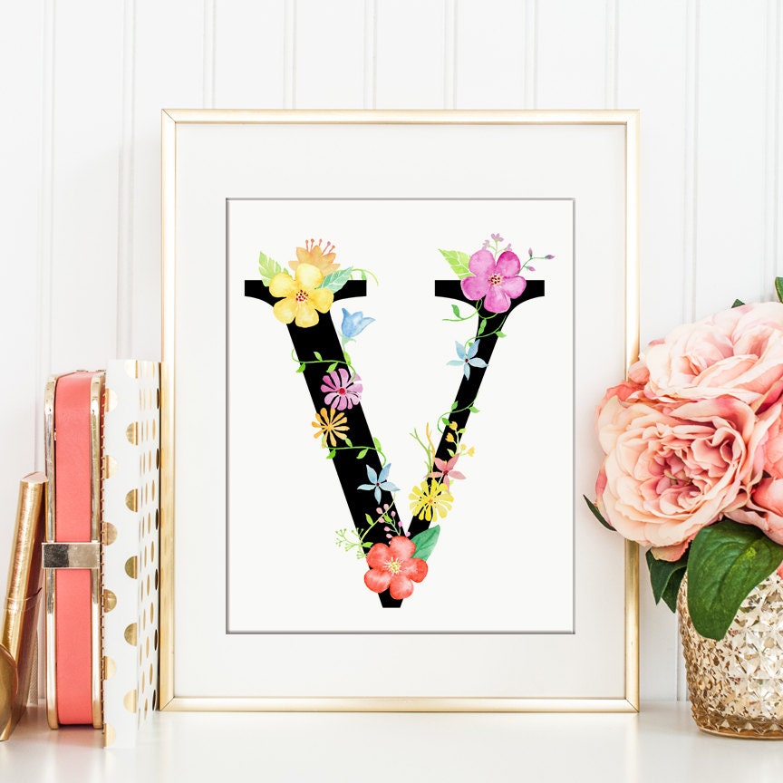 Watercolor Floral Printable Letter V Initial V Alphabet V