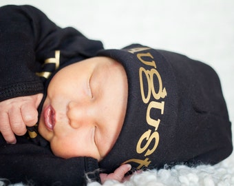 Newborn boy hat Gold and black Personalized, newborn hat...newborn baby boy hat...newborn hat...new baby hat..newborn boy beanie