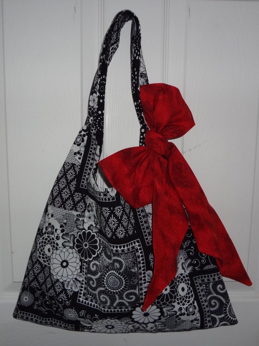 Reversible Black and White Tote Bag With Large Red Bow