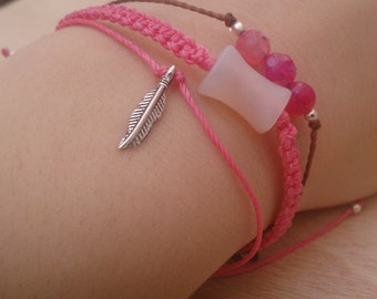 Set of three bracelets with agates and feathers in pink / Set bracelets / set amulet / bracelets bracelets lucky