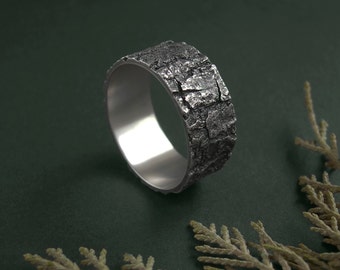 Sterling silver bark ring, botanical jewelry, statement band, nature inspired, mens ring, woodland jewelry, textured ring, wide unisex band